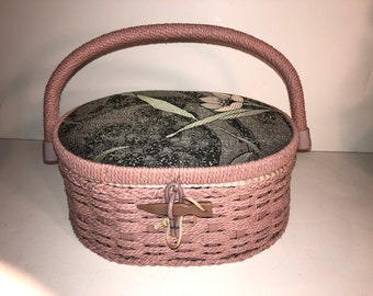Pink Floral Wicker Weave Sewing Box