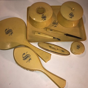 Vintage 14 Piece Ivory Vanity Dresser Set With Monogram