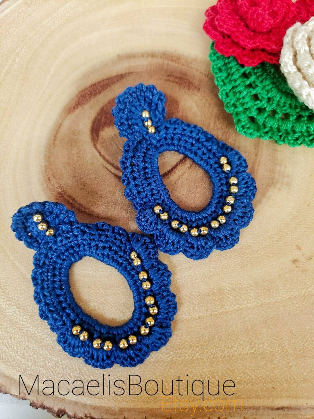Blue Crochet Earrings With Gold Seed Beads Aretes De Crochet Etsy UK
