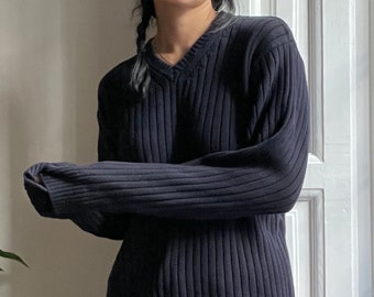 vintage navy ribbed cotton sweater / size M