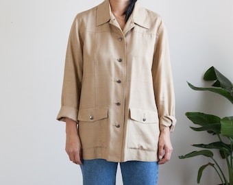 Minimalist Beige Silk Chore Jacket: 90s Pocket Blouse (Fits like M)