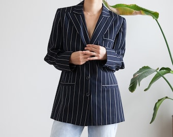 blazer minimalista a rayas azul marino / totalmente forrado / talla 6 s-m