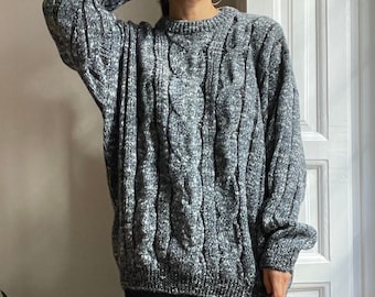 pull de pêcheur moucheté marine tricoté par câble vintage / unisexe / taille L, s’adapte comme xl