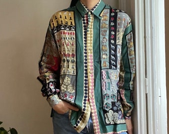 vintage 80s abstract print chess theme blouse / fits like M