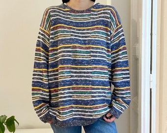 vintage multicolored striped knit sweater / crew neck / unisex / size xl