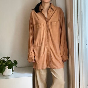 minimal vintage beige-brown suede long shirt button down / fits like SM