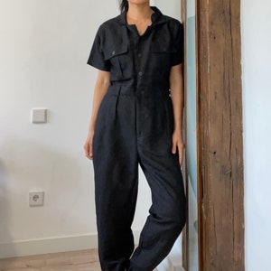 90s minimal black buttoned jumpsuit coveralls / fits like s m