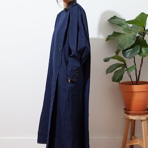 minimal navy pleated full length wool dress / back zipper / size 8