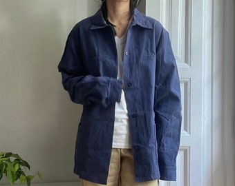 indigo blue French chore jacket shirt coat / fits like M / pit to pit 21"