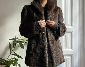 vintage chocolate brown soft fur jacket coat / lined / fits like S