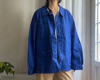 vintage cobalt royal blue French chore jacket / fits like xxl-3x / pit to pit 25.5"