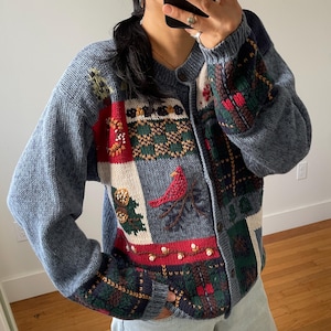 vintage blue red cottage-core fall bird theme cardigan sweater / fits like SM