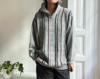 80s gray striped grandpa henley sweater / size 52 fits like XL