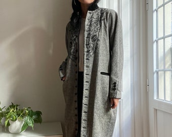 Manteau habillé boutonné gris des années 80, col montant en velours / 44, s’adapte comme SM