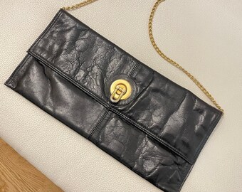 black flat rectangle hand bag gold chain shoulder straps / baguette purse clutch