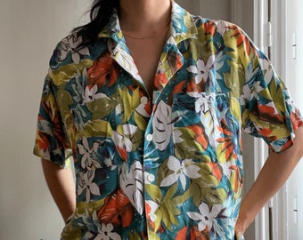 vintage tropical floral oversized short sleeve blouse / size 12, fits like M
