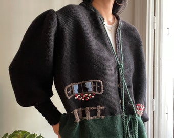 navy wool knit embroidered Austrian cardigan / puff sleeves / fits like l-xl