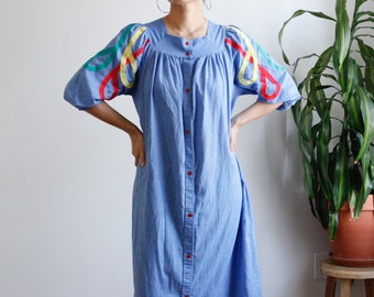 vintage 70s hippie full length boho blue dress / bohemian dress / size 12, L-xl