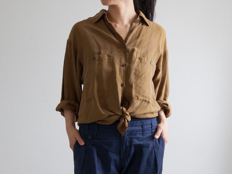 brownish silk blouse 90s blouse loose fit minimalist size s fits s m