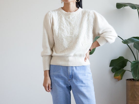cream angora wool knit sweater / puff sleeve sequi