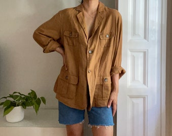 minimal brown linen pocket jacket / fits like xl