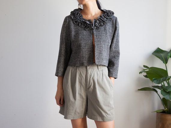 vintage gray cropped ruffle jacket / tweed like fa
