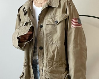 vintage distressed tan RL rugby army chore barn jacket / large pockets / size L