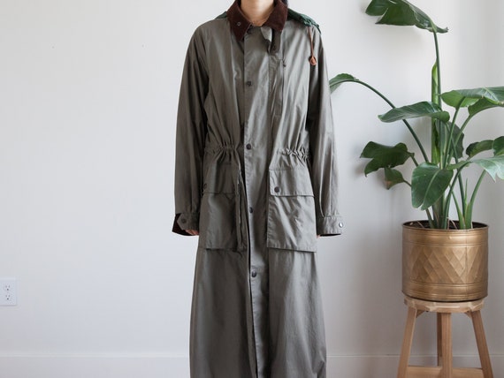 vintage olive green maxi trench coat / corduroy co
