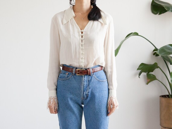 ivory sheer silk blouse laced cuffs / boho peasant
