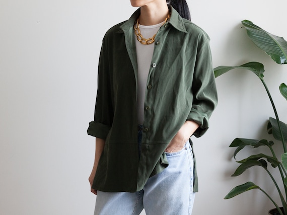 forest green faux suede blouse shirt / button down