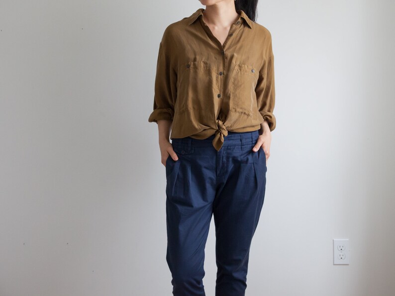brownish silk blouse 90s blouse loose fit minimalist size s fits s m