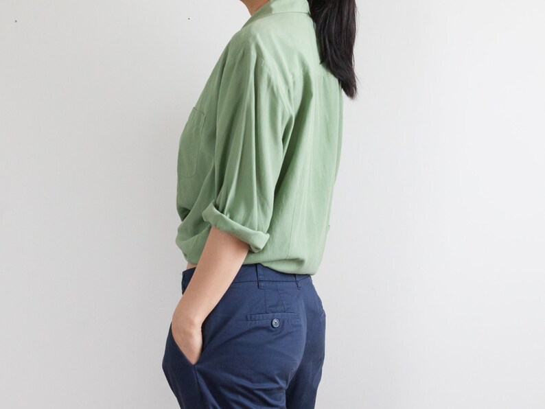 green silk blouse 34 sleeve top 90s loose fit blouse breast pockets size xl fits s-xl