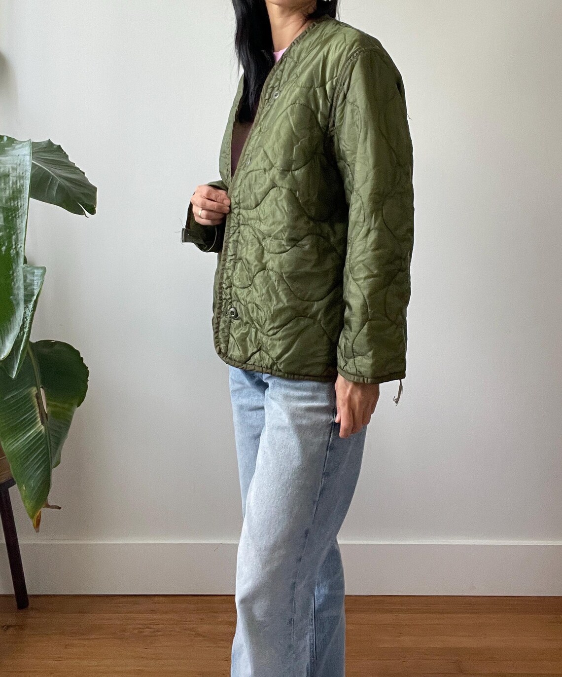 Vintage Army Green Quilted Liner Jacket / With Buttons / Unisex / Ultra