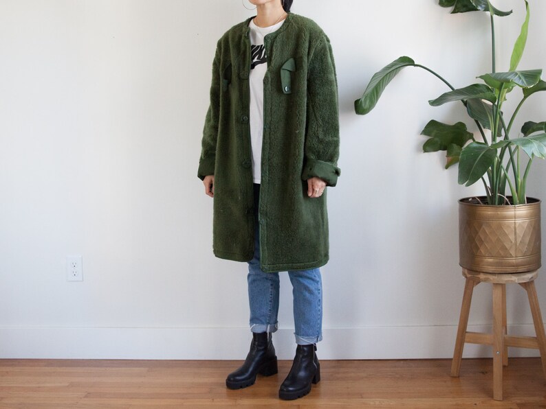 vintage green army liner coat European liner fuzzy faux fur lining reversible unisex fits like L-XL