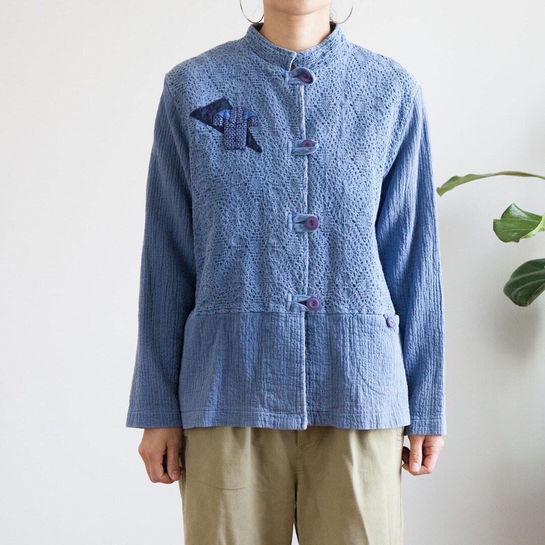 Blue Jacket Patchwork Blue Textured Quilted Patchwork Jacket / High Neck, Button Closure ...
