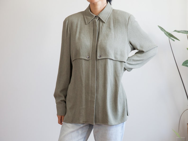 90s slate-green tone oversized button down shirt / size 12 or L image 3
