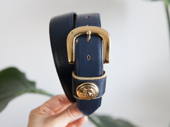 size M / vintage navy leather belt gold metal buck