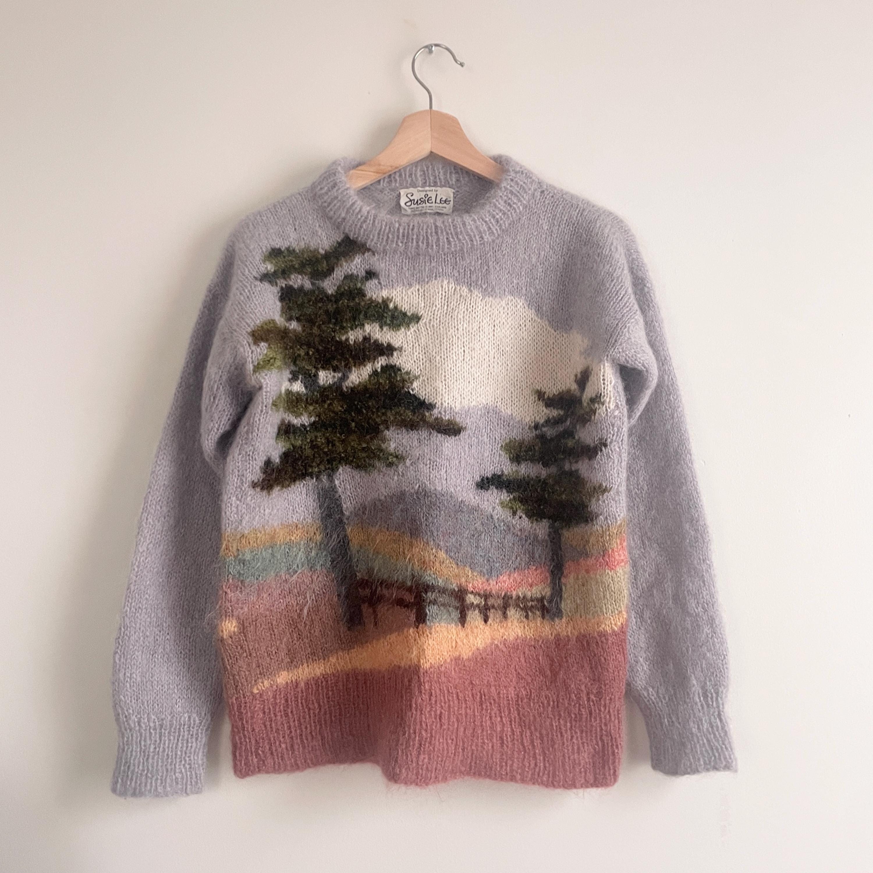 Vintage Susie Lee Hand Knit Landscape Mohair Knit Sweater / Fits 