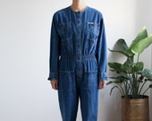 vintage jeans coveralls 80s 90s denim jumpsuit cinched waist fits like s
