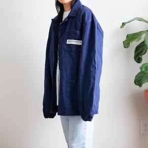 vintage moleskin navy blue European French chore jacket with logo / 58, fits like XL