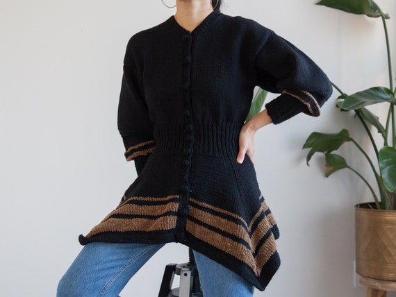 unique black knit button down cardigan sweater / f