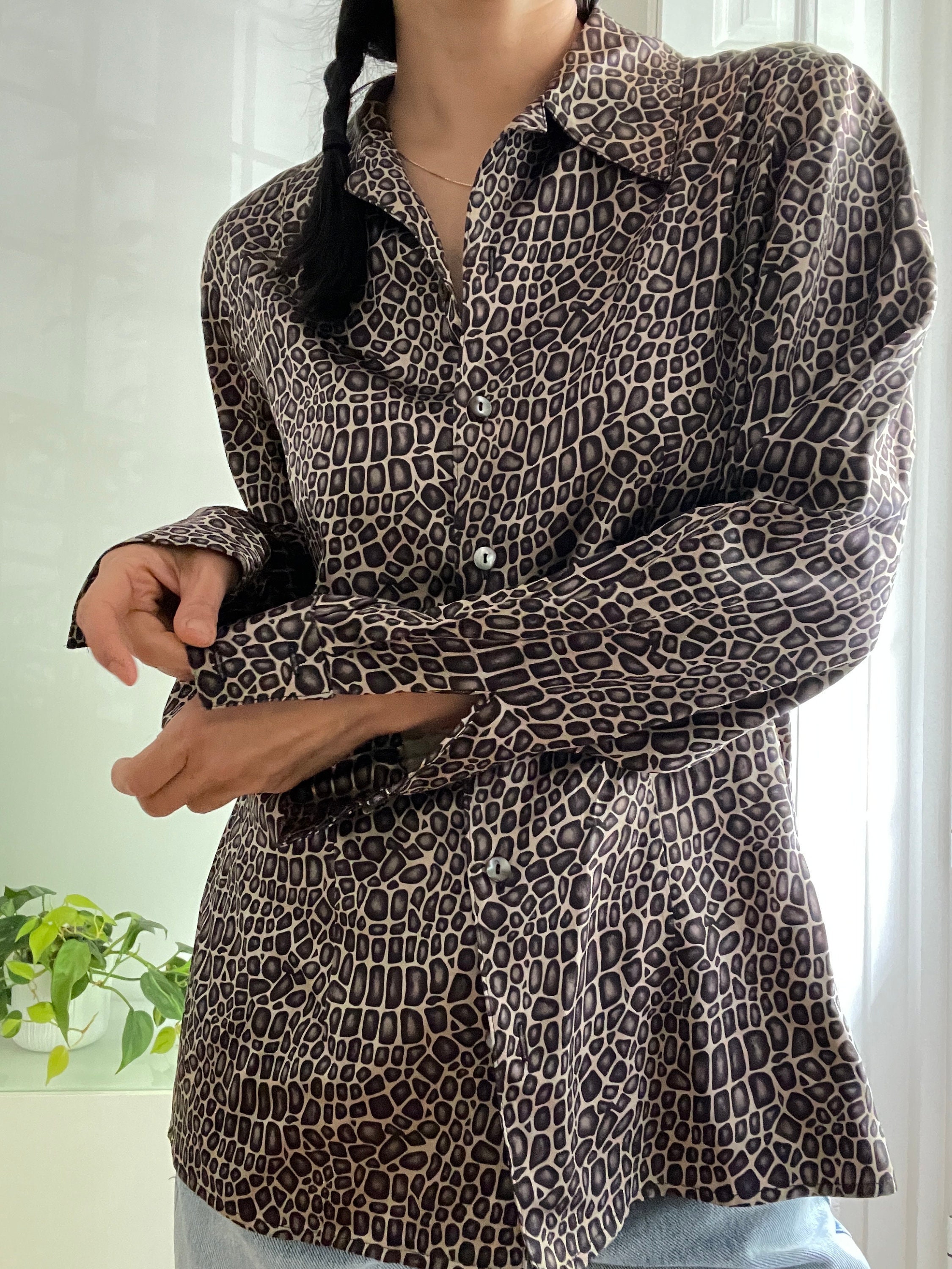 brown shiny animal print silk blouse / satin blouse / size M