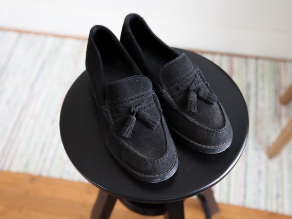 Black Suede Tassel Loafer Block Heels 