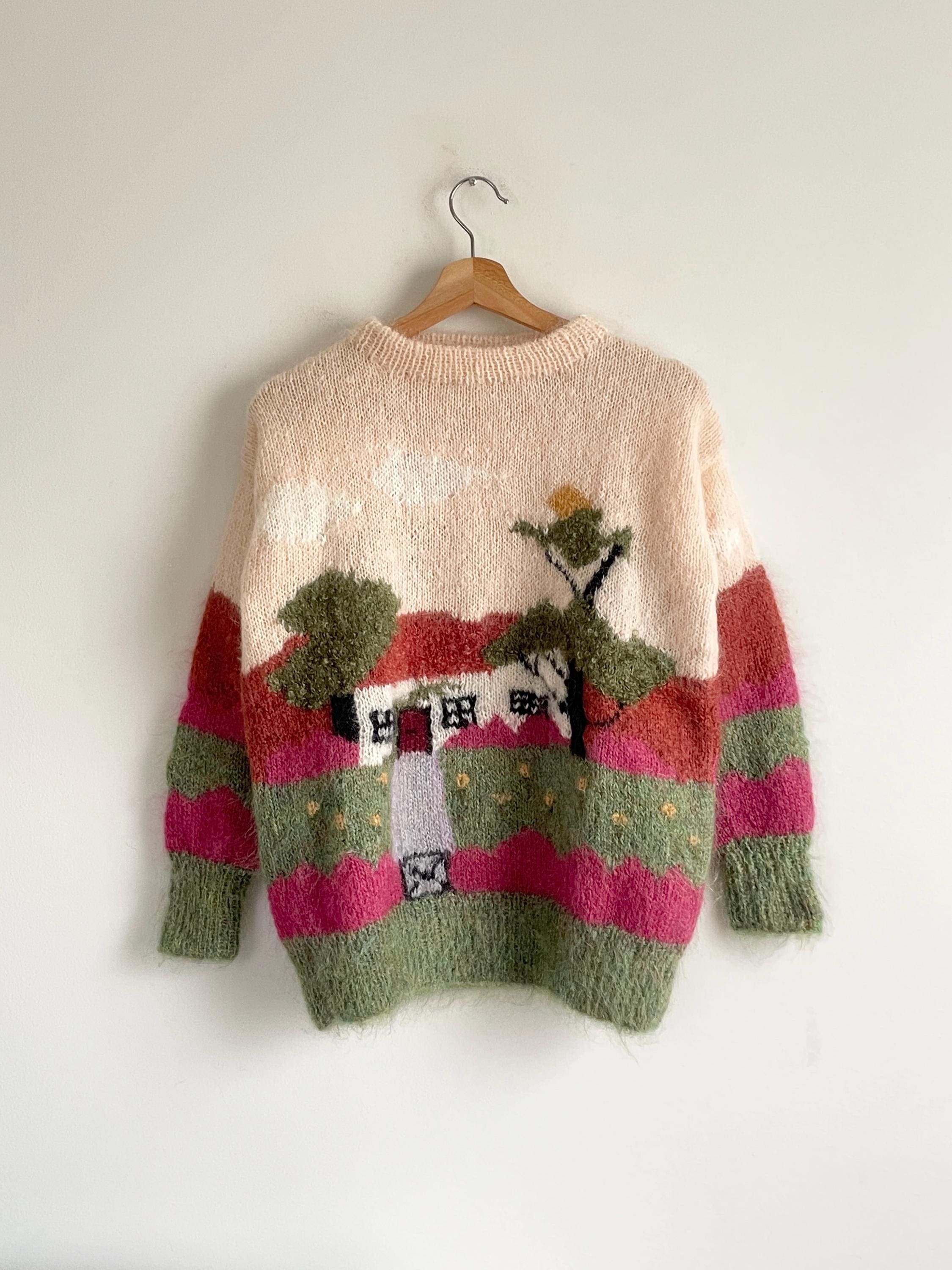 Vintage Susan Vale Hand Knit Landscape House Mohair Knit Sweater