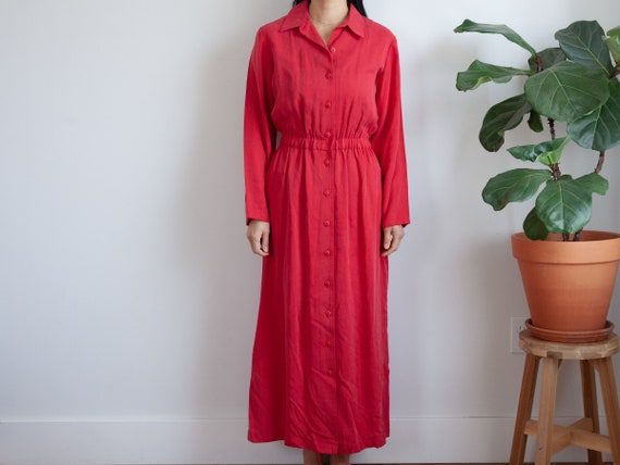 minimal full length red button down dress / fits … - image 2