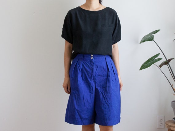 purple long leg high waisted bermuda / linen textu