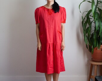 vintage red boho dress / pockets / fits like M-L