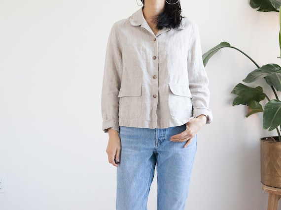 minimalist light beige-grayish linen blouse jacket