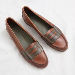 Cole Haan cognac brown green leather loafers / preppy women flats / narrow feet! /  fit like 5-5.5 N