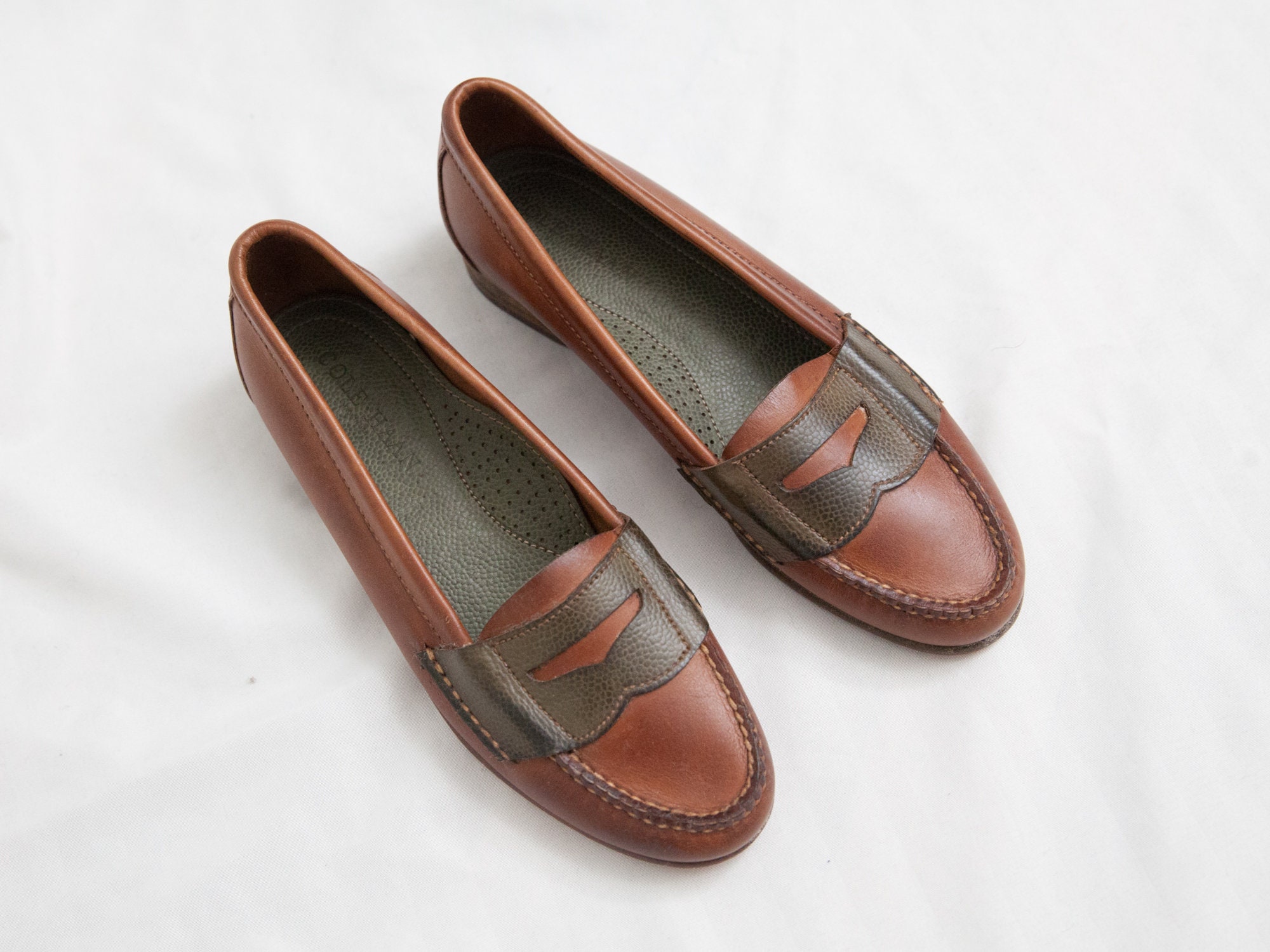 Vintage Cole Haan Leather Loafers: Cognac Brown & Green 